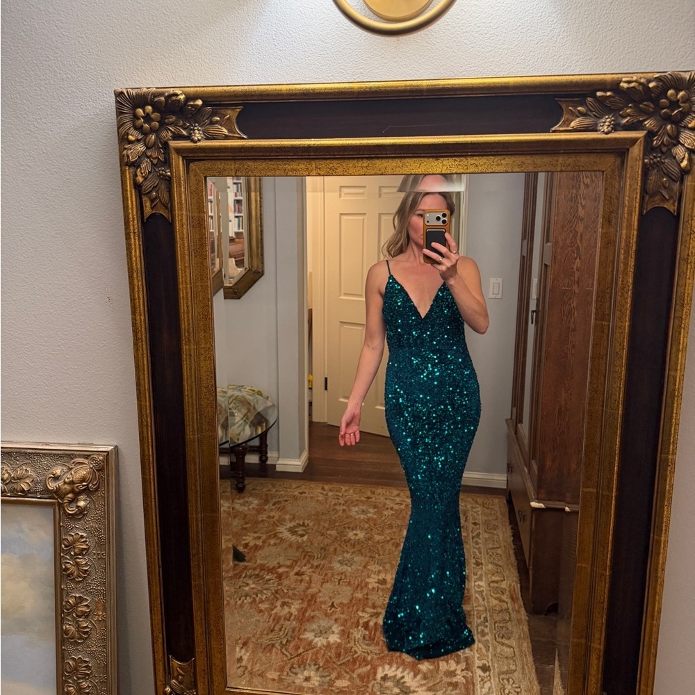 Baltic Born Teal Sequin V-Neck Mermaid Gown - Picture 3 of 12